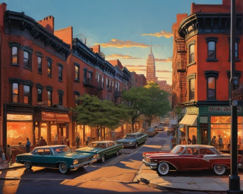 street scene,harlem,new york streets,world digital painting,digital painting,brooklyn,brownstone,late afternoon,red brick,watercolor shops,city scape,summer evening,chinatown,old linden alley,neighborhood,the evening light,early evening,manhattan,street canyon,evening city,Conceptual Art,Oil color,Oil Color 04