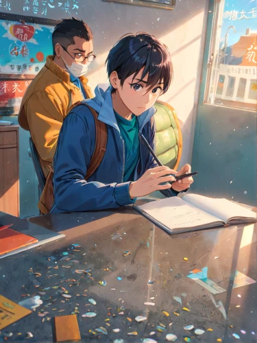 classroom,children studying,school desk,game illustration,tutoring,tutor,sci fiction illustration,kids illustration,study room,children drawing,desk,world digital painting,cg artwork,illustrator,study,student,holding ipad,playmat,table artist,school items,Anime,Anime,Realistic