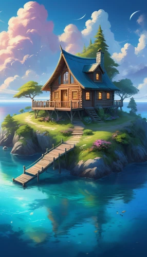 house by the water,summer cottage,house with lake,floating huts,cottage,houseboat,fisherman's house,boathouse,house of the sea,wooden house,fisherman's hut,seaside resort,summer house,landscape background,seaside country,floating island,small cabin,lonely house,home landscape,islet,Illustration,Realistic Fantasy,Realistic Fantasy 01