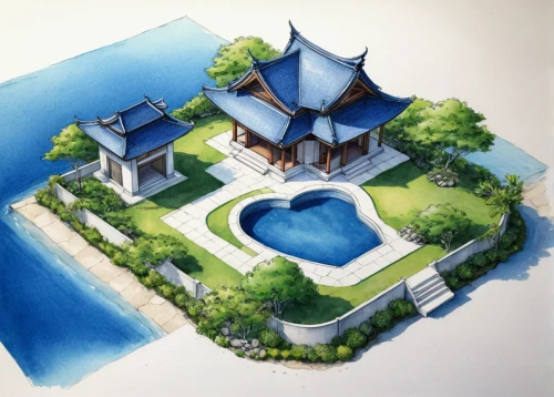 asian architecture,pool house,house by the water,3d rendering,house with lake,holiday villa,luxury property,chinese architecture,floating islands,floating island,artificial island,luxury home,floating huts,artificial islands,house drawing,houses clipart,roof landscape,render,aqua studio,water palace,Illustration,Japanese style,Japanese Style 18