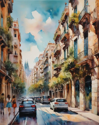 seville,malaga,passeig de gracia,barcelona,the boulevard arjaan,watercolor paris,watercolor painting,palma de mallorca,valencia,street scene,watercolor,watercolor paris shops,watercolor shops,gaudí,oil painting on canvas,old havana,larambla,riad,spain,alicante,Illustration,Paper based,Paper Based 04