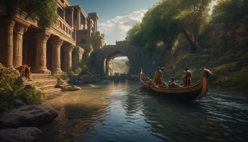 rome 2,the ancient world,ancient city,boat landscape,fantasy landscape,venetian,boat rapids,fantasy picture,imperial shores,canals,tiber riven,ancient egypt,ancient rome,3d fantasy,water palace,nile river,canoes,grand canal,odyssey,atlantis,Photography,General,Fantasy