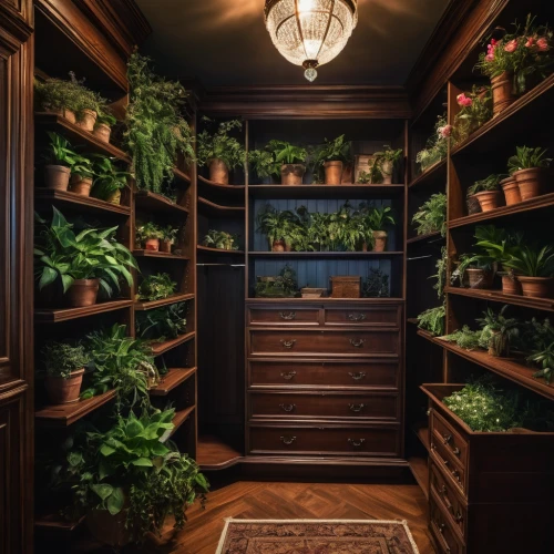 apothecary,pantry,china cabinet,vintage botanical,dark cabinetry,shelves,storage cabinet,walk-in closet,garden shed,cabinetry,cupboard,armoire,house plants,cabinets,bookshelves,shoe cabinet,the little girl's room,wine cellar,bookcase,under-cabinet lighting,Photography,General,Fantasy