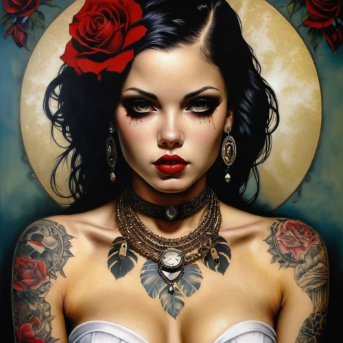 tattoo girl,geisha girl,valentine pin up,gothic portrait,fantasy art,queen of hearts,geisha,widow flower,tattoo expo,red rose,valentine day's pin up,tattoo artist,fantasy portrait,watercolor pin up,tattoos,vampire woman,oriental princess,tattooed,polynesian girl,pin ups,Illustration,Realistic Fantasy,Realistic Fantasy 10