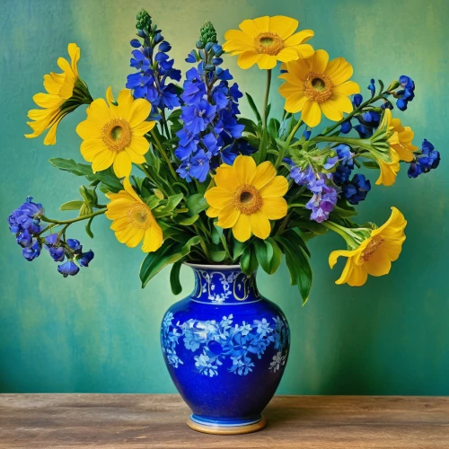 sunflowers in vase,spring bouquet,blue flowers,blue daisies,still life of spring,flower vase,flower vases,flower bowl,flower arrangement,basket with flowers,spring flowers,flower arrangement lying,blue chrysanthemum,floral arrangement,yellow and blue,summer flowers,glass vase,flowers png,potted flowers,vase,Photography,General,Realistic