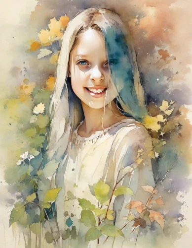 girl in flowers,beautiful girl with flowers,watercolor painting,child portrait,watercolor paint,girl picking flowers,photo painting,flower painting,little girl in wind,watercolor background,girl in the garden,digital art,girl portrait,jessamine,mystical portrait of a girl,watercolor,a girl's smile,little girl fairy,watercolor floral background,flower girl,Digital Art,Watercolor