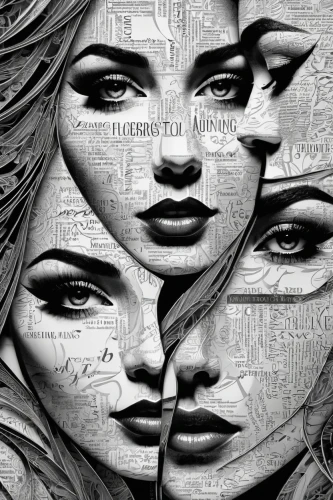 multiple exposure,photomontage,mannequins,fashion illustration,image manipulation,double exposure,womanhood,dualism,photo art,women's eyes,photomanipulation,split personality,sirens,woman face,cool pop art,digiart,faces,woman thinking,femininity,pop art effect,Illustration,Vector,Vector 21