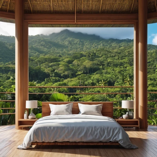canopy bed,seychelles,tropical house,moorea,roof landscape,tree house hotel,over water bungalows,tropical greens,eco hotel,cabana,bamboo curtain,over water bungalow,costa rica,crib,wooden decking,seychelles scr,jamaica,holiday villa,tropics,airbnb,Photography,General,Realistic