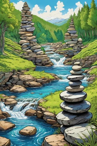 mountain spring,background with stones,brook landscape,landscape background,mountain stream,river landscape,cartoon video game background,streams,nature landscape,natural landscape,mountain landscape,stream,a small waterfall,mountainous landscape,flowing creek,stacked rocks,background vector,stone background,salt meadow landscape,a river,Illustration,Black and White,Black and White 05