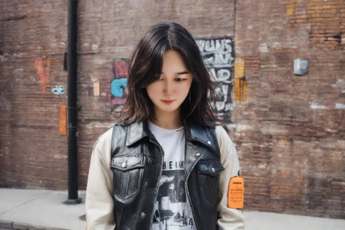 denim background,leather jacket,concrete background,layered hair,portrait background,photographic background,jeans background,cola bottles,brick wall background,jean jacket,edit icon,soundcloud icon,brick background,asian semi-longhair,girl-in-pop-art,jacket,laneway,new york streets,rocker,street fashion,Photography,Realistic