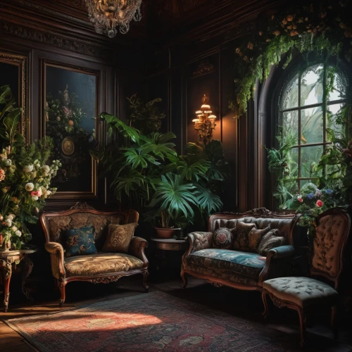 ornate room,sitting room,interiors,dandelion hall,victorian,victorian style,chaise lounge,great room,the living room of a photographer,interior decor,vintage botanical,interior design,wade rooms,bach flower therapy,living room,decor,conservatory,the victorian era,livingroom,house plants,Photography,General,Fantasy