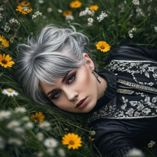 black and dandelion,girl in flowers,beautiful girl with flowers,elven flower,floral background,fantasy portrait,kahila garland-lily,dandelions,mystical portrait of a girl,sunflower lace background,dandelion,flora,taraxacum,romantic portrait,poppy seed,fallen flower,vintage floral,gothic portrait,daisies,scattered flowers,Photography,General,Fantasy