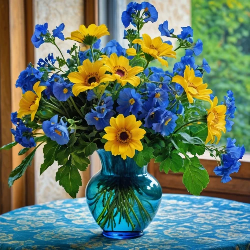 blue flowers,sunflowers in vase,blue daisies,blue chrysanthemum,floral arrangement,summer flowers,yellow and blue,basket with flowers,flower arrangement,blue flower,cut flowers,flower vase,flower arrangement lying,flowers in basket,bouquets,glass vase,spring bouquet,flower vases,bright flowers,flower bouquet,Photography,General,Realistic