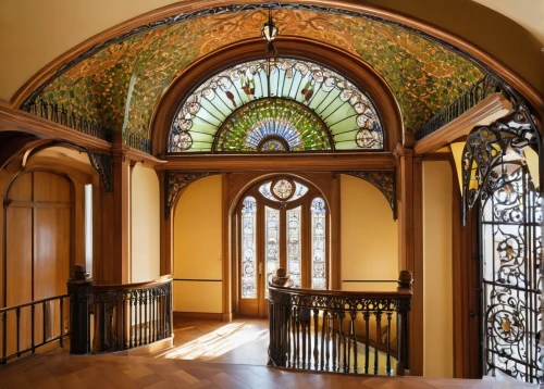 art nouveau,art nouveau design,art nouveau frame,art nouveau frames,entrance hall,leaded glass window,stained glass windows,the palau de la música catalana,vaulted ceiling,casa fuster hotel,circular staircase,ornamental dividers,ornate room,dandelion hall,stained glass pattern,round window,outside staircase,interior decor,villa cortine palace,the threshold of the house,Illustration,American Style,American Style 10
