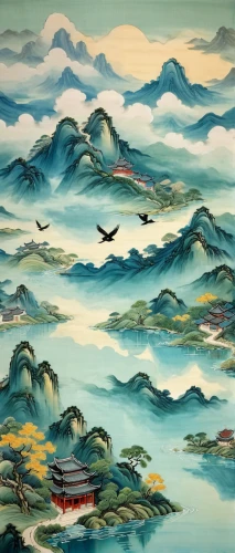 oriental painting,chinese art,chinese clouds,khokhloma painting,mountainous landscape,mountain scene,yi sun sin,japanese art,yunnan,sea landscape,luo han guo,japan landscape,mountain landscape,chinese background,landscape background,landscape with sea,japanese mountains,japanese waves,sea of clouds,boat landscape,Illustration,Paper based,Paper Based 17