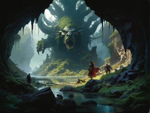 druid grove,game illustration,concept art,hollow way,heroic fantasy,fantasy picture,fjord,cave,fantasy landscape,game art,guards of the canyon,fallen giants valley,fantasy art,hall of the fallen,druids,cave on the water,dungeons,karst landscape,northrend,cave tour