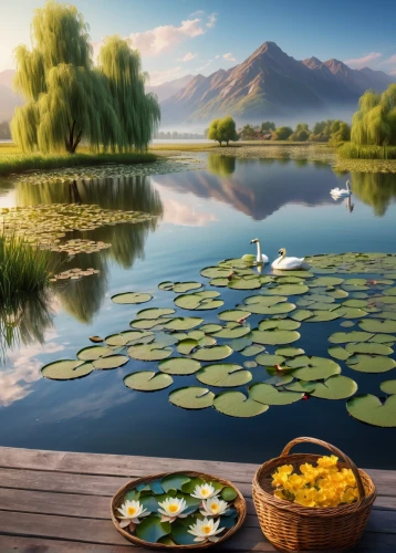 lily pond,lotus on pond,lotus pond,water lily plate,lotuses,white water lilies,water lilies,landscape background,waterlily,golden lotus flowers,water lotus,lotus flowers,lilly pond,beautiful lake,beautiful landscape,pond flower,water lily,lily pads,boat landscape,tranquility,Conceptual Art,Fantasy,Fantasy 03