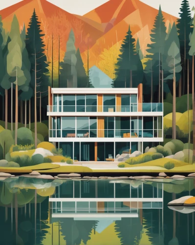 house with lake,house in the mountains,house in mountains,house by the water,mid century house,lake view,mid century modern,house in the forest,the cabin in the mountains,boathouse,digital illustration,mountainlake,mountain lake,home landscape,summer cottage,travel poster,alpine lake,lakeside,house painting,houseboat,Illustration,Vector,Vector 08