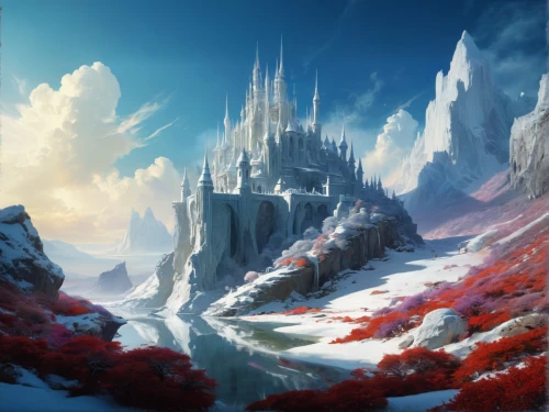 ice castle,fantasy landscape,ice landscape,northrend,eternal snow,red cliff,ice planet,snow mountains,fantasy picture,snow landscape,hoarfrost,hall of the fallen,ice wall,winter landscape,snow mountain,heroic fantasy,imperial shores,knight's castle,mountain settlement,fantasy art