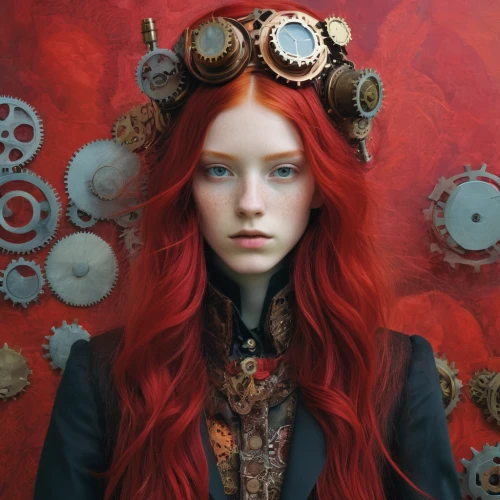 steampunk,steampunk gears,redhead doll,red-haired,red head,mystical portrait of a girl,shades of red,redhair,fantasy portrait,clockwork,fantasy art,redheads,redhead,redheaded,red russian,headpiece,gothic portrait,girl in a wreath,watchmaker,fire poker flower,Photography,Fashion Photography,Fashion Photography 25