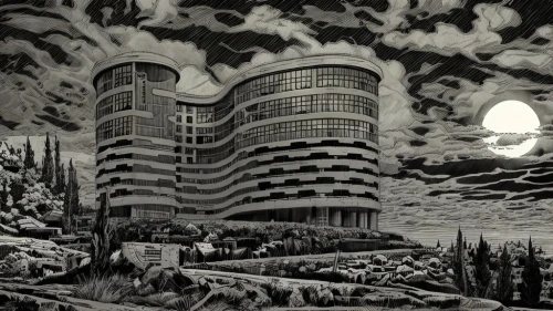 escher,panopticon,panoramical,brutalist architecture,sci fiction illustration,matruschka,metropolis,ghost castle,futuristic landscape,highrise,hotel riviera,holiday motel,the skyscraper,apartment block,skycraper,surrealistic,high-rise,stalin skyscraper,pan pacific hotel,futuristic architecture,Art sketch,Art sketch,Comic