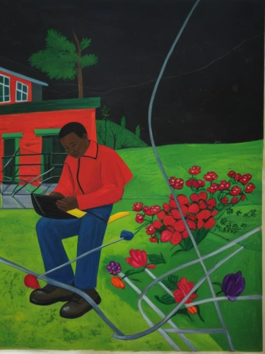 man on a bench,farmworker,gardener,man with a computer,woman sitting,work in the garden,man with saxophone,men sitting,cutting grass,girl in the garden,black businessman,man talking on the phone,meticulous painting,khokhloma painting,woman eating apple,lawnmower,grass cutter,child with a book,garden work,watermelon painting,Art,Artistic Painting,Artistic Painting 25