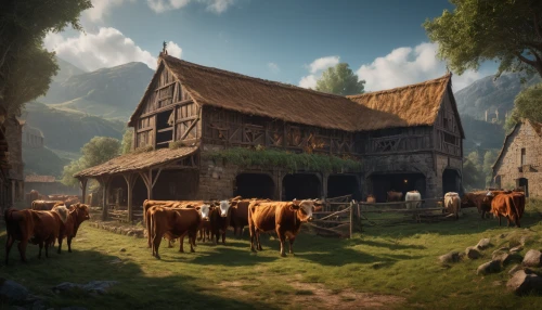farmstead,alpine pastures,aurochs,red barn,horse stable,horse barn,witcher,oxen,pasture,barn,ancient house,medieval architecture,country cottage,mountain pasture,pastures,fantasy landscape,livestock farming,farm house,farmhouse,traditional house,Photography,General,Fantasy