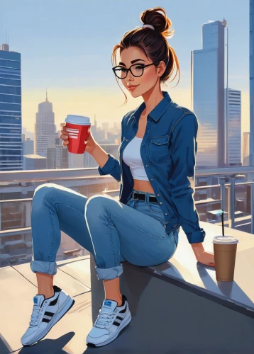 coffee tea illustration,woman drinking coffee,barista,tea zen,coffee break,coffee background,neon coffee,drinking coffee,girl studying,coffee tea drawing,a cup of coffee,cup of coffee,hot coffee,rooftop,study,coffee shop,city ​​portrait,coffee and books,blue coffee cups,cappuccino,Illustration,Japanese style,Japanese Style 06