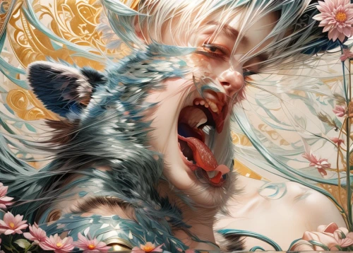 kitsune,amano,flower nectar,nine-tailed,japanese art,chinese art,alice,fantasy portrait,goatflower,falling flowers,yawning,faun,howl,goki,feral,fennec,blue birds and blossom,howling wolf,flesh eater,wolf's milk