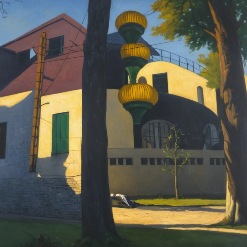 church painting,street lamps,house painting,old linden alley,light posts,gas lamp,streetlamp,apartment house,street scene,street lamp,street clock,townhouses,hanging houses,iron street lamp,suburb,the evening light,gobelin,evening light,apartment building,watertower,Art,Classical Oil Painting,Classical Oil Painting 08