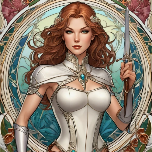 celtic queen,white rose snow queen,merida,art nouveau,rosa ' amber cover,fantasy portrait,cinderella,vanessa (butterfly),art nouveau design,sorceress,poker primrose,the enchantress,artemisia,mucha,fantasy woman,virgo,art nouveau frame,caerula,flora,bridal,Illustration,Retro,Retro 08