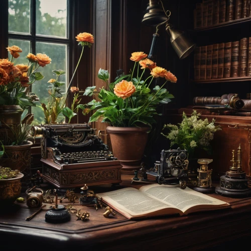 writing desk,vintage botanical,apothecary,vintage flowers,book antique,secretary desk,the victorian era,antique background,antiquariat,victorian style,still life photography,violet evergarden,flower arranging,study room,antique style,writing accessories,reading room,antique furniture,antiques,vintage background,Photography,General,Fantasy