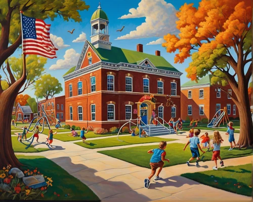 north american fraternity and sorority housing,elementary school,home of apple,historic courthouse,gallaudet university,church painting,courthouse,david bates,town house,private school,court house,art academy,flag day (usa),school house,lafayette square,girl scouts of the usa,howard university,americana,usa landmarks,school children,Illustration,Realistic Fantasy,Realistic Fantasy 40