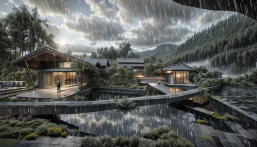 floating huts,the cabin in the mountains,mountain huts,house in mountains,3d rendering,house with lake,house in the mountains,flooded pathway,water mist,home landscape,eco hotel,mountain hut,log home,japanese architecture,wooden sauna,wooden house,wooden houses,house by the water,boathouse,log cabin