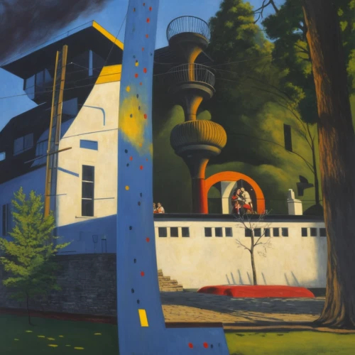 studio ghibli,panoramical,observatory,train car,industrial landscape,railroad car,silo,submarine,oil tank,ghost locomotive,shipyard,locomotive,tank cars,trains,abandoned train station,graf-zepplin,gondola lift,caboose,industrial ruin,grain plant,Art,Classical Oil Painting,Classical Oil Painting 08