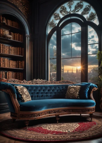 reading room,sitting room,chaise lounge,bookshelves,wing chair,livingroom,settee,living room,upholstery,bookcase,armchair,book antique,sofa set,furniture,blue room,apartment lounge,chaise longue,the living room of a photographer,ornate room,ottoman,Conceptual Art,Sci-Fi,Sci-Fi 09
