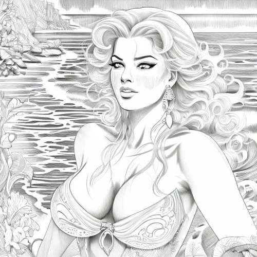 the blonde in the river,the sea maid,aphrodite,marylyn monroe - female,marilyn,venetia,rusalka,siren,fantasy woman,girl on the river,marylin monroe,water rose,aphrodite's rock,mamie van doren,pin-up girl,vintage drawing,fashion illustration,retro pin up girl,retro woman,valentine day's pin up,Design Sketch,Design Sketch,Character Sketch