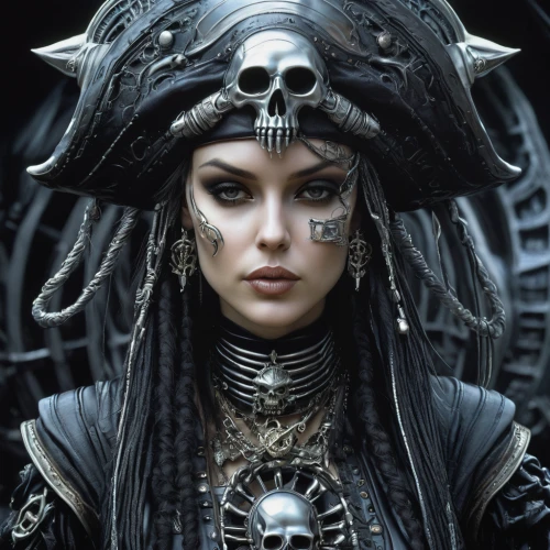 black pearl,skull bones,the enchantress,pirate,naval officer,artemisia,gothic portrait,sorceress,alien warrior,voodoo woman,medusa,priestess,skull and crossbones,steampunk,headdress,seafarer,the sea maid,galleon,raider,sea fantasy,Conceptual Art,Sci-Fi,Sci-Fi 02