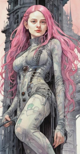 huntress,cyberpunk,cyborg,rapunzel,pink quill,la violetta,pink hair,valerian,xmen,daredevil,punk,barb wire,pink dawn,x-men,joan of arc,a-10,detail shot,head woman,medusa,magenta,Digital Art,Watercolor