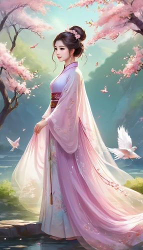 hanbok,japanese sakura background,plum blossoms,the cherry blossoms,cherry blossoms,plum blossom,sakura background,sakura blossom,cold cherry blossoms,sakura blossoms,geisha girl,peach blossom,oriental princess,cherry blossom,autumn cherry blossoms,mukimono,almond blossoms,apricot blossom,geisha,spring blossoms,Illustration,Realistic Fantasy,Realistic Fantasy 01