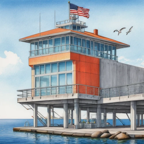 lifeguard tower,control tower,lookout tower,kitty hawk,observation tower,light station,ferry house,stilt house,the observation deck,coastal protection,toll house,wheelhouse,observation deck,rescue helipad,bird tower,boathouse,shipping containers,boat house,flying island,house of the sea,Conceptual Art,Daily,Daily 17