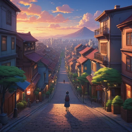 violet evergarden,studio ghibli,meteora,aurora village,akko,dusk background,bukchon,evening atmosphere,the cobbled streets,cobblestone,kyoto,summer evening,honolulu,backgrounds,french digital background,cobblestones,izakaya,evening city,mountain village,old town,Illustration,Realistic Fantasy,Realistic Fantasy 27