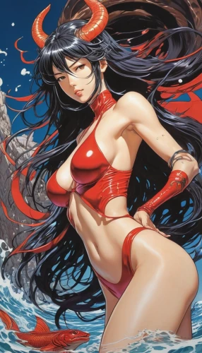 fire red eyes,siren,rusalka,amano,scarlet sail,fantasia,fire siren,one-piece swimsuit,fantasy woman,the sea maid,goddess of justice,water rose,sea fantasy,oriental princess,red eyes,red summer,god of the sea,red robin,swim ring,mai tai,Illustration,Japanese style,Japanese Style 01