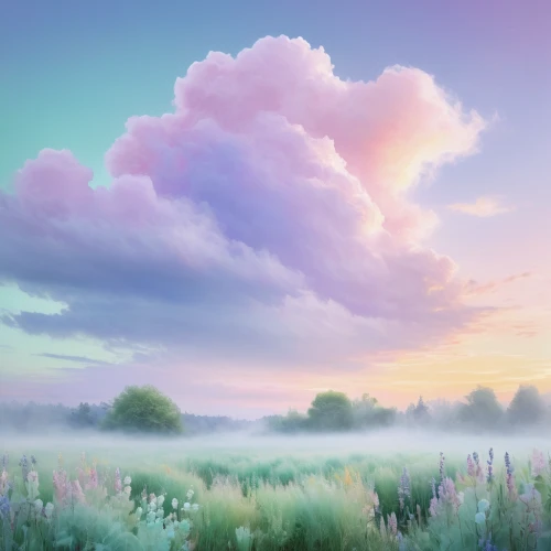 meadow in pastel,meadow landscape,fantasy landscape,foggy landscape,landscape background,soft pastel,pastel colors,purple landscape,lavender field,morning mist,springtime background,virtual landscape,summer meadow,cloudscape,lavender fields,blooming field,meadow,salt meadow landscape,spring background,pastels,Photography,Documentary Photography,Documentary Photography 34