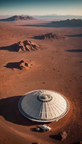 hospital landing pad,mars probe,solar cell base,saucer,mission to mars,radio telescope,area 51,martian,extraterrestrial life,flying saucer,solar dish,alien ship,planet mars,stargate,moon base alpha-1,futuristic landscape,red planet,helipad,ufo,long-distance transport,Photography,Documentary Photography,Documentary Photography 01