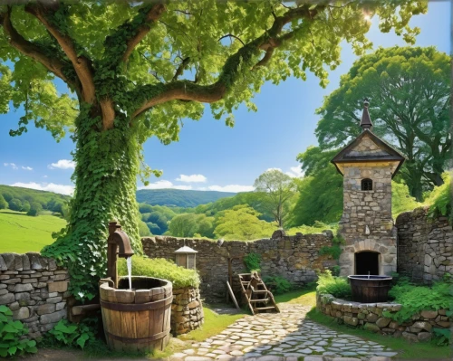 hobbiton,home landscape,alsace,wishing well,provence,cottage garden,green landscape,country cottage,landscape background,franconian switzerland,water mill,fairy village,dovecote,background with stones,rural landscape,fairy tale castle,bastion,france,germany,medieval architecture,Unique,Paper Cuts,Paper Cuts 06