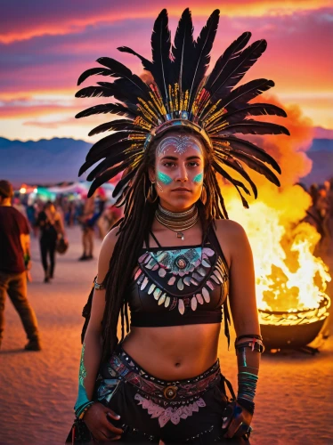 burning man,shamanic,shamanism,indian headdress,native american,american indian,fire dancer,aztecs,headdress,aztec,the american indian,feather headdress,warrior woman,shaman,voodoo woman,pachamama,war bonnet,the festival of colors,indigenous culture,fire dance,Art,Artistic Painting,Artistic Painting 38