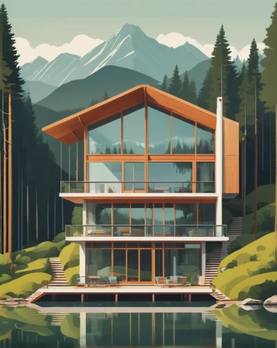 mid century house,house in the mountains,house with lake,house in mountains,house by the water,mid century modern,the cabin in the mountains,modern house,house in the forest,boathouse,frame house,home landscape,chalet,timber house,log home,mid century,lake view,pool house,mirror house,summer house,Illustration,Vector,Vector 05
