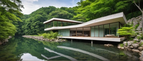 japanese architecture,house by the water,house with lake,asian architecture,modern house,chinese architecture,modern architecture,beautiful home,ryokan,luxury property,green trees with water,house in mountains,green living,private house,residential house,green waterfall,cubic house,house in the mountains,futuristic architecture,river view,Illustration,Realistic Fantasy,Realistic Fantasy 08