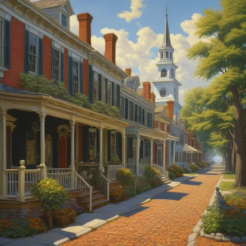 maryland,row houses,old linden alley,townhouses,virginia,peabody institute,lewisburg,virginia sweetspire,new england,baltimore,georgetown,town house,church painting,philadelphia,savannah,richmond,old town house,lafayette square,massachusetts,thoroughfare,Illustration,Realistic Fantasy,Realistic Fantasy 03